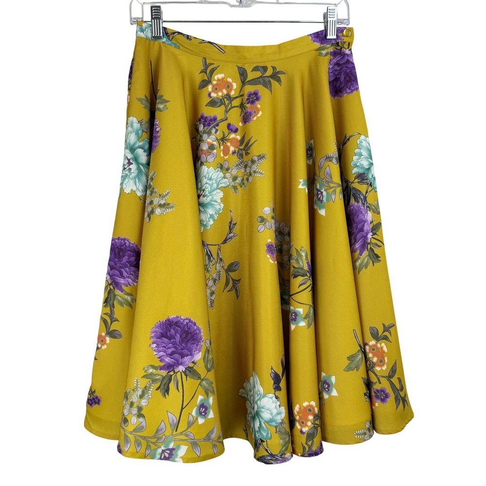 ModCloth Yellow Floral A Line Midi Skirt WOMEN SATIN CIRCLE RETRO M - Picture 2 of 9